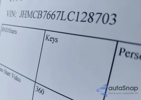 1990 Honda Accord Ex/Ex-R z USA, uszkodzony, nr VIN JHMCB7667LC128703